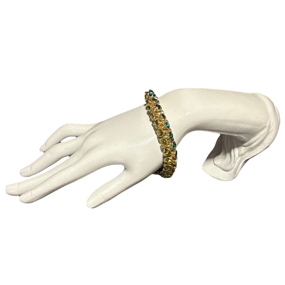 Vintage Gold Tone Lime and Green Rhinestone Double Sided Stretch Bracelet J22